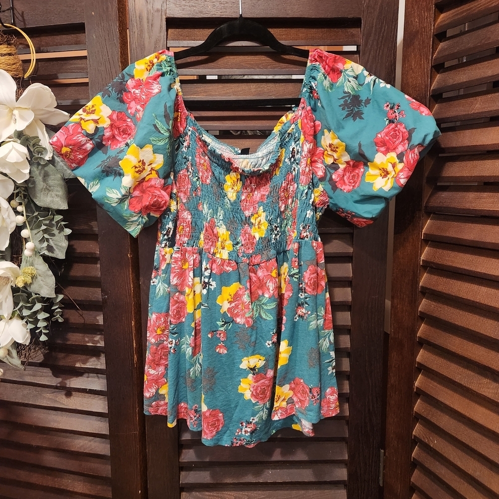 Torrid Teal Floral Smocked Blouse